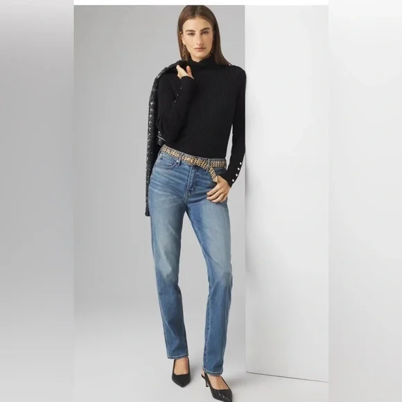 NWT White House Black Market Black Ribbed Turtleneck Sweater With Button Sleeve - Picture 3 of 5